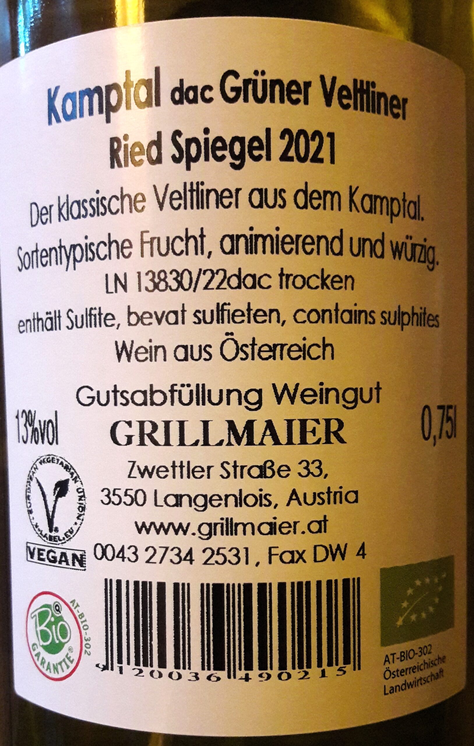 Wimmer Grüner Kamptal Weinhandel dac Veltliner Ried | Spiegel Irmgard